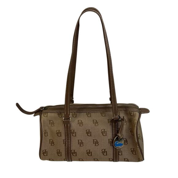 Vintage Y2K Dooney & Bourke Barrel Bag Brown Signature Logo Print Zip Shoulder - Picture 1 of 16